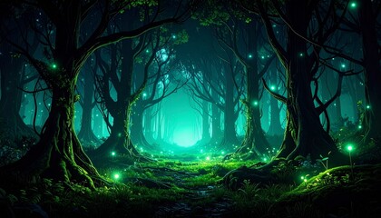 【背景素材】幻想的な森の風景【夜】