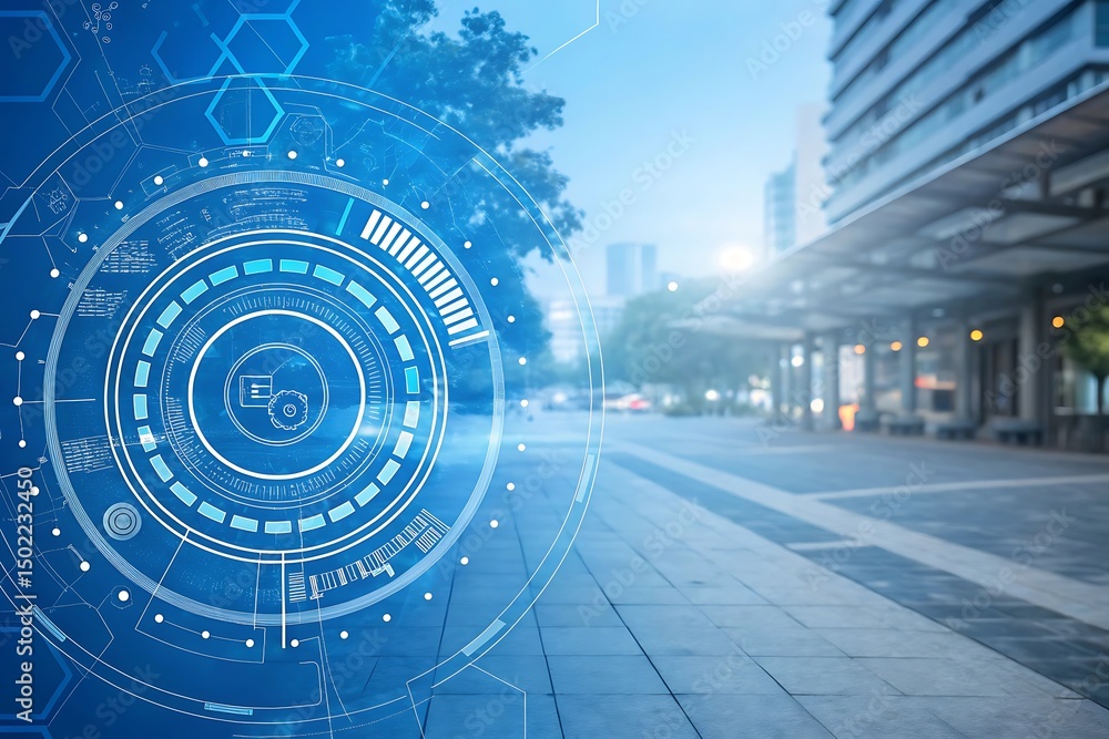 Poster an abstract blue technological background with glowing circles and futuristic digital network commun
