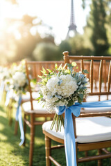 paris flowers chair eiffel background closeup