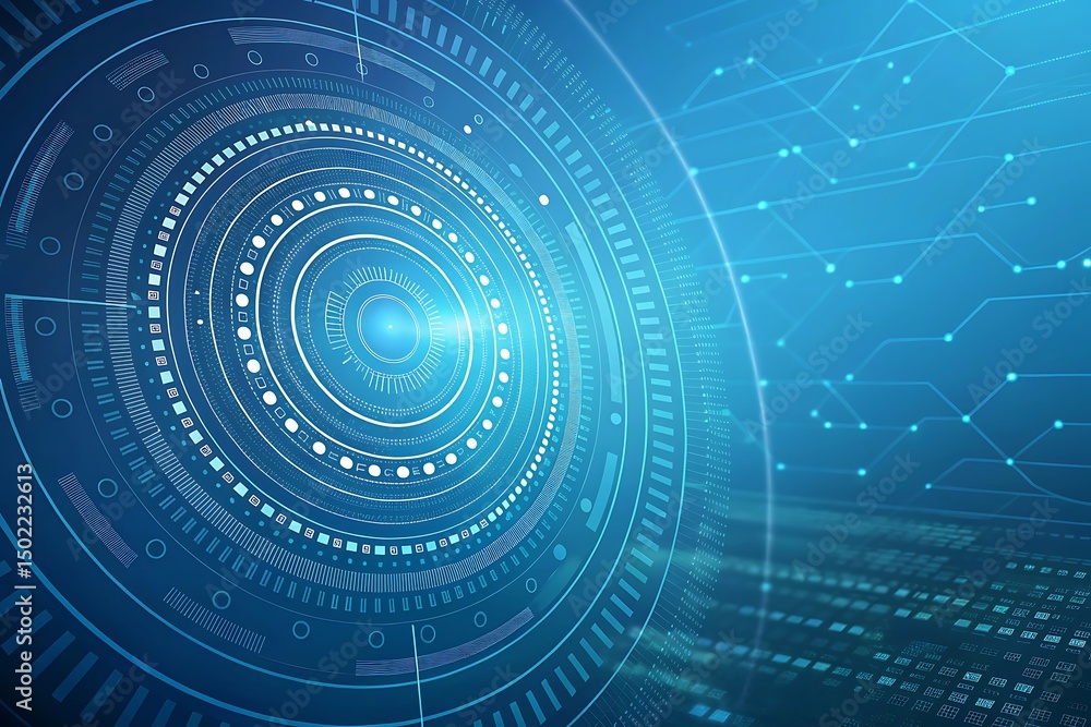 Poster an abstract blue technological background with glowing circles and futuristic digital network commun