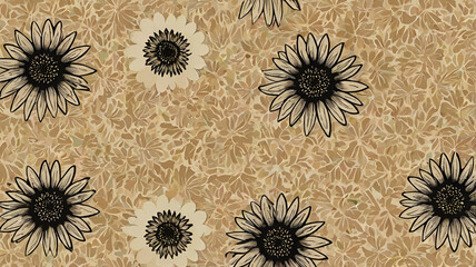 Seamless floral pattern with beige flowers on black background. Botanical texture with blossom, bloom, stem, leaf elements. Delicate elegant style repeat for textile, wallpaper, prints, background,