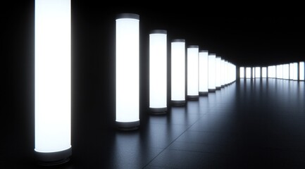A dark corridor lined with glowing cylindrical lights