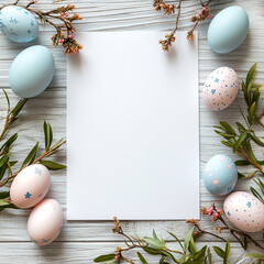 Blank Easter Note With Decorated Eggs and Branches. ai generated