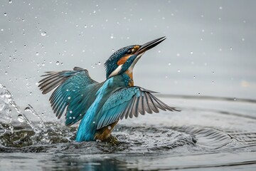 Blue heron bird in the green water of a pond with reflection, a wild animal in nature