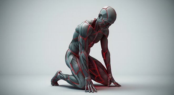Futuristic Human Anatomy Illustration: Glowing Red Lines on Grey Figure, Artful Pose