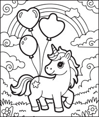 Fototapeta premium Cute unicorn with balloon and rainbow black line art vector illustration for kids coloring page design