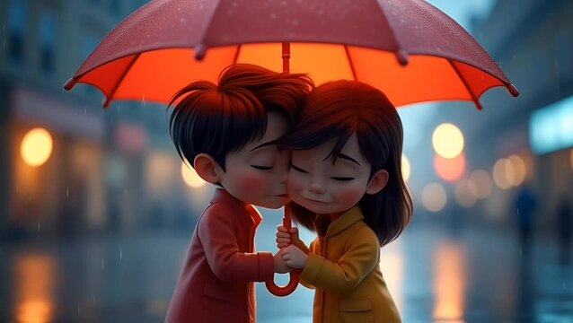 3D cartoon boy and girl embracing tenderly under red umbrella on rainy city street during night with soft lights and peaceful reflections.