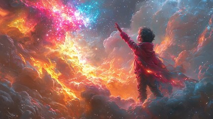 Wonder Portrayed As a Child Reaching Toward Stars Blooming From Marble Cloud Dust and Glowing Sky Swirl