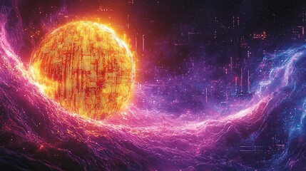 Yellow Coded Sphere In Cosmic Marble Gas Floats In a Cyber Storm of Violet Swirl and Blue Digital Overlays