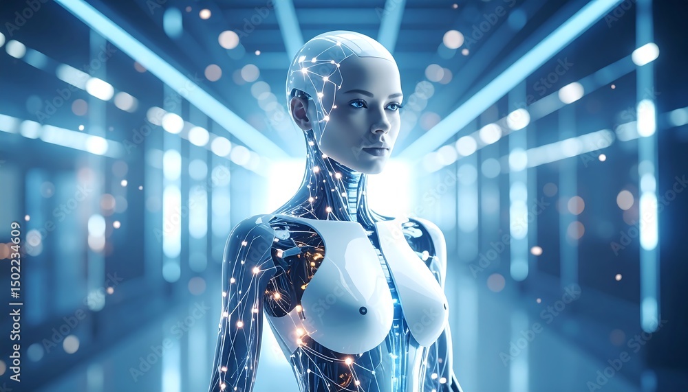 Poster cybernetic humanoid photorealistic rendering of a glowing ai robot