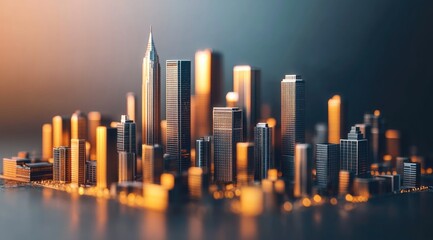 Fototapeta premium Cityscape model, metallic, golden hues
