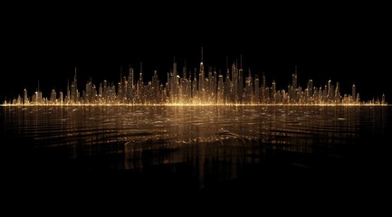 Golden city skyline reflected on dark water (1)