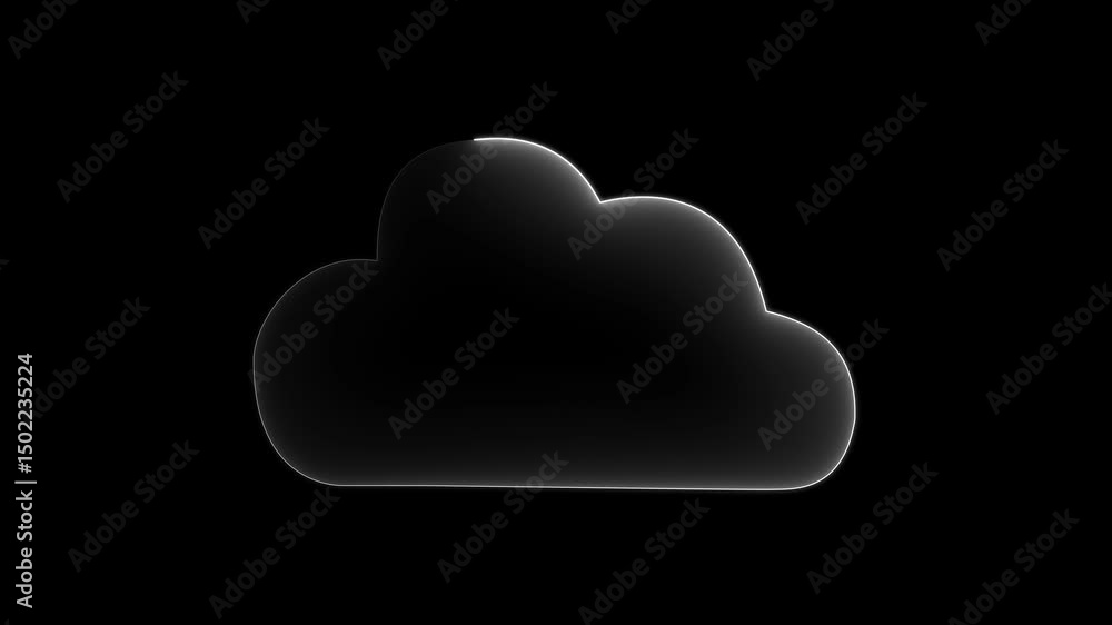 Poster glowing neon cloud icon animation on black background. cloud space and technology, data backup icon.