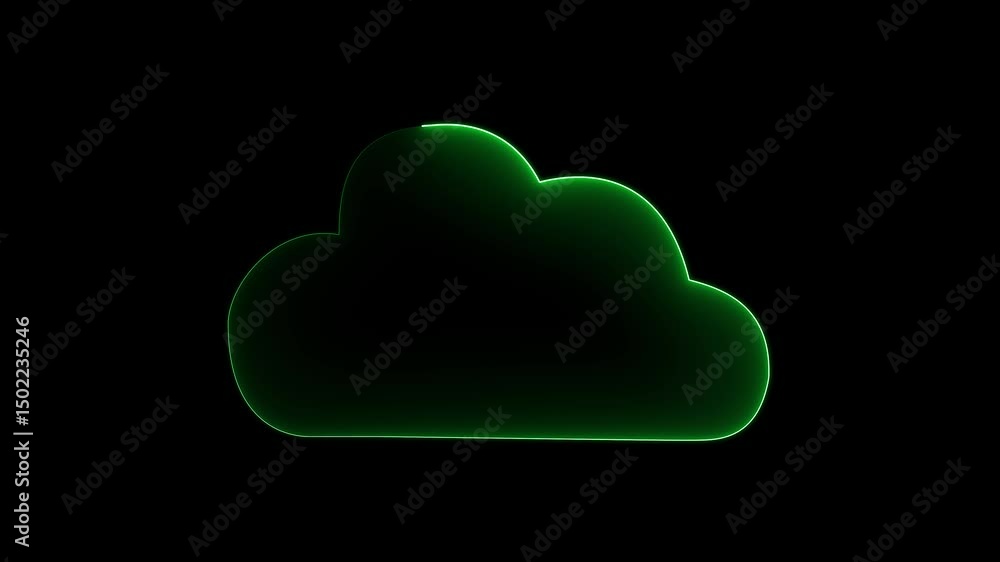 Poster glowing neon cloud icon animation on black background. cloud space and technology, data backup icon.