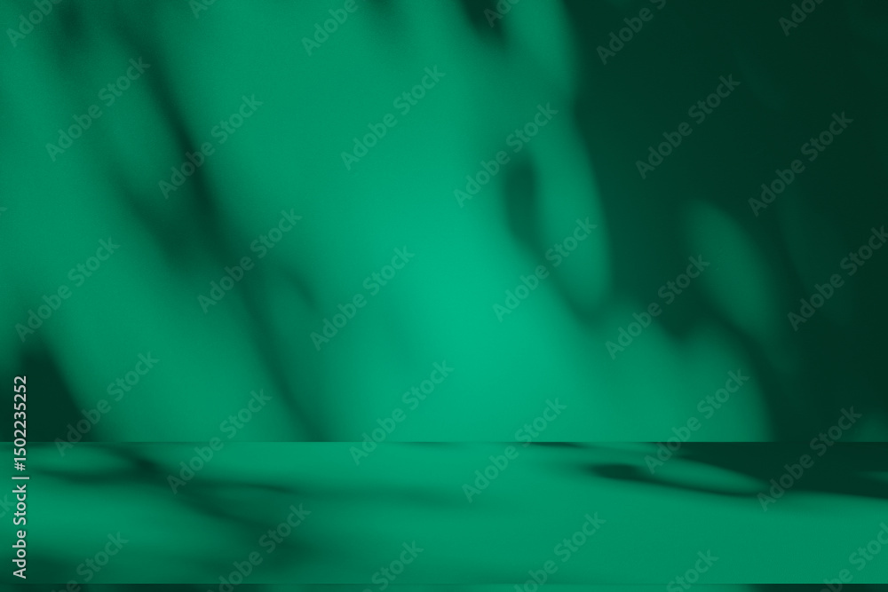Poster Wall interior background, studio and backdrops show products. with leaf shadow from window color green and white. background for text insertion and presentation of product	