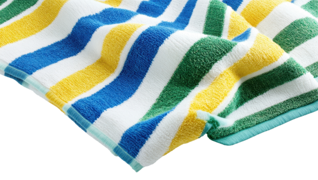 A folded beach towel with thick horizontal stripes of yellow, blue, green, and white.  A teal border is visible at the edges