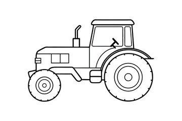 line art vector illustration of a tractor with large rear wheels and detailed cabin