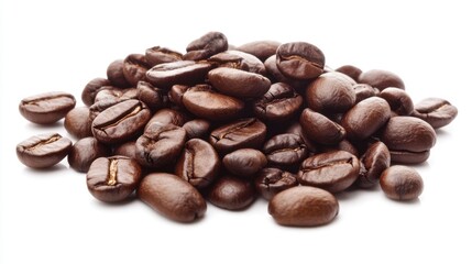 Fototapeta premium A vibrant pile of freshly roasted dark coffee beans set against a clean white background, showcasing their rich texture and natural sheen perfect for coffee enthusiasts and culinary projects.