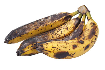 Overripe banana bunch, heavily speckled with brown and black decay, exhibiting significant mold growth