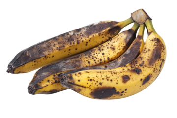 Overripe banana bunch, heavily speckled with brown and black decay, exhibiting significant mold growth