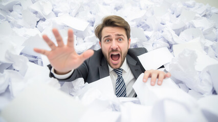Businessman Struggling with Overwhelming Paperwork in Office Environment, Desperation Captured