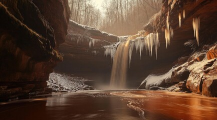 Icy waterfall in a sandstone gorge