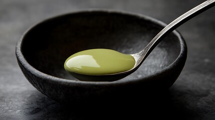 Spoonful of Green Liquid in a Black Bowl