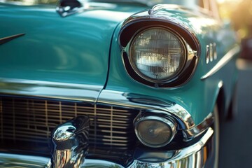 Close-up view of a vintage car showcasing a gleaming chrome headlight. The vibrant teal color and detailed elements highlight the beauty of classic automotive design.