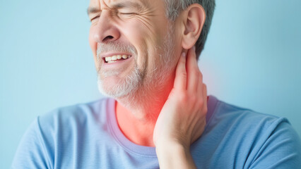Fototapeta premium Elderly Man in Pain Holding Neck with Expression of Discomfort Against Light Blue Background