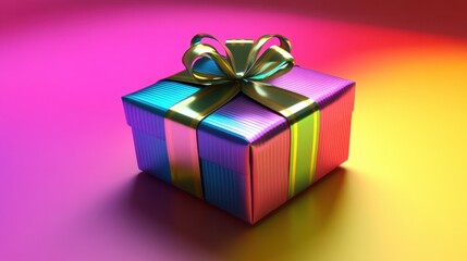 Obraz premium A vibrant and colorful gift box with a shiny ribbon placed on a bright gradient background, perfect for conveying joy and celebration in various seasonal events.