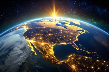 North America at Night with Sunrise from Space