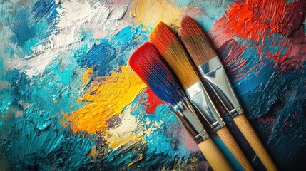 Obraz premium A striking composition featuring paint brushes resting on a colorful canvas palette, showcasing vibrant hues and artistic textures for creative inspiration.