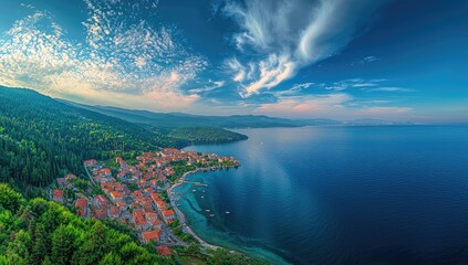 Fototapeta premium Panoramic view of a coastal town nestled in a valley with a vibrant blue sea.