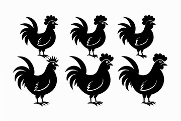 Set of Chicken rooster silhouette vector black on white background
