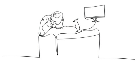 Couple Watching TV - One Line Vector Illustration