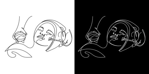 Continuous Line Art: Woman with Makeup Brush and Cosmetic Jar Vector