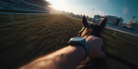 Experience the thrill of horse riding from a dynamic perspective, showcasing rapid motion and a race track backdrop during sunset. Perfect for adventure enthusiasts!