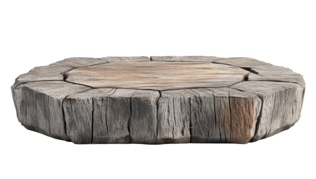 Rustic, circular wooden platform, appearing as a thick tree trunk slice, with a flat, light brown top and a textured, grey-brown base