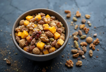 Fototapeta premium Mix nuts and dried fruits in a bowl with mango chunks for a nutritious snack option perfect for any occasion