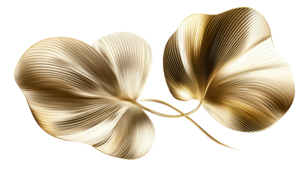 Two stylized golden leaves, delicately rendered with fine, parallel lines creating a metallic, three-dimensional effect against a black backdrop