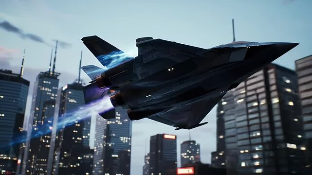 Futuristic stealth fighter jet in mid-flight