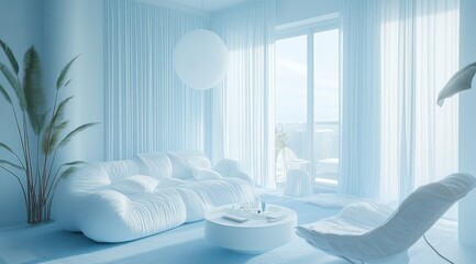 Modern, light-blue living room with soft furnishings