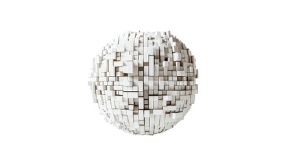 A white sphere composed of numerous small, uniformly-sized cubes, creating a textured, three-dimensional effect