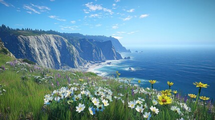 Coastal landscape with wildflowers, rugged cliffs, and a vast ocean. Lush greenery meets the ocean's horizon, painted with sunlight