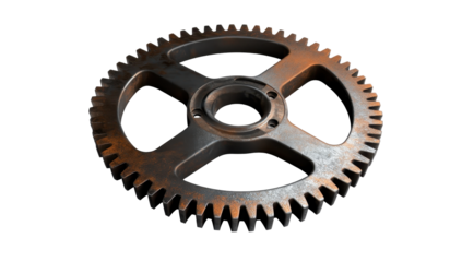 A heavily rusted, metallic gear with four central spokes, detailed teeth, and a central bore
