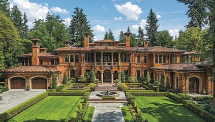 Obraz premium A grand, luxurious estate with meticulously maintained gardens.