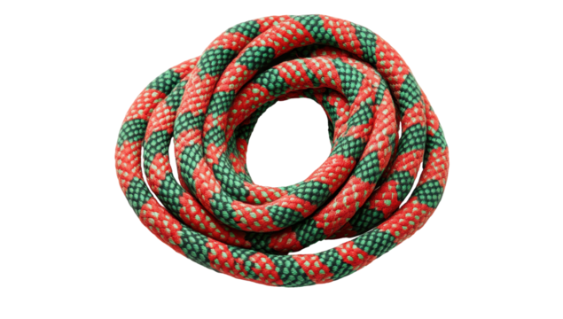 Coiled red and green rope forming a circular pattern against a black background