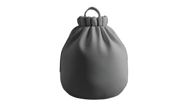 A light grey, cylindrical drawstring bag with a gathered top and small loop handle, rendered against a black background
