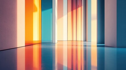 Sunlight streams through colorful, vertical panels in a modern interior