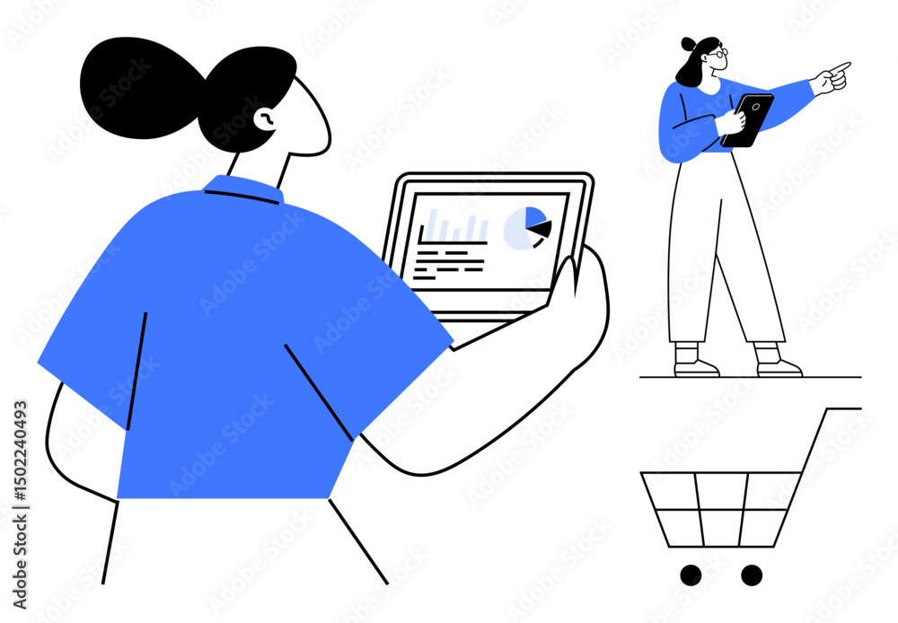 Aufkleber two women collaborating using tablets for data analysis, with a cart icon. ideal for teamwork, e-com